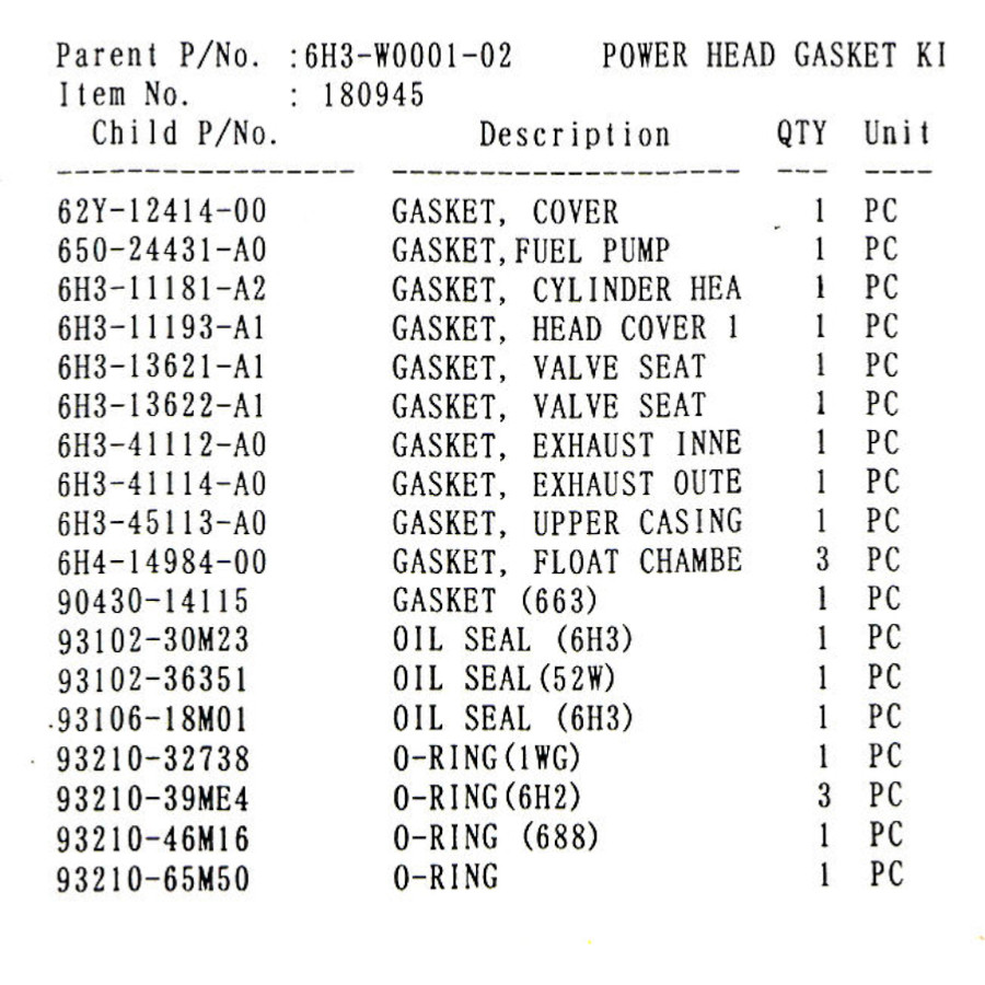 Juego de juntas de motor YAMAHA 60F, 70B (1994-2001) REC6H3-W0001-02 PIECESBATEAUX.COM