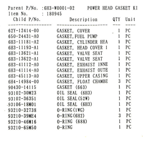 Juego de juntas de motor YAMAHA 60F, 70B (1994-2001) REC6H3-W0001-02 PIECESBATEAUX.COM