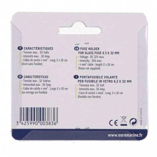 Portafusibles para fusible de vidrio 6,3x32 000383--EURO PIECESBATEAUX.COM
