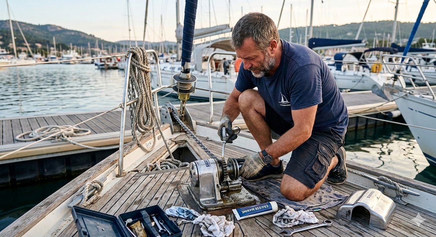 Plaisancier réalisant le graissage de son guindeau Plaisancier réalisant le graissage de son guindeau