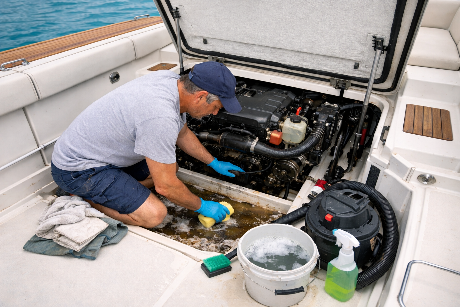 Plasancier effectuant le nettoyage de la cale moteur