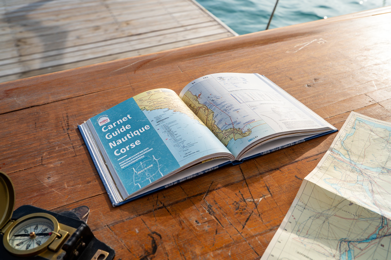 Carnet nautique ouvert avec cartes et photographies de mouillages